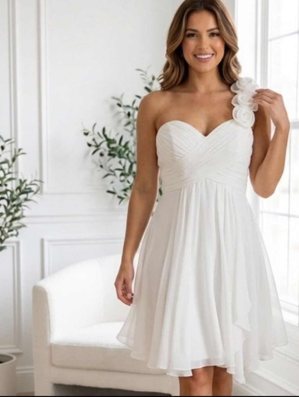 May Queen White One-Shoulder Floral Strap Chiffon A-Line Dress. Size 16